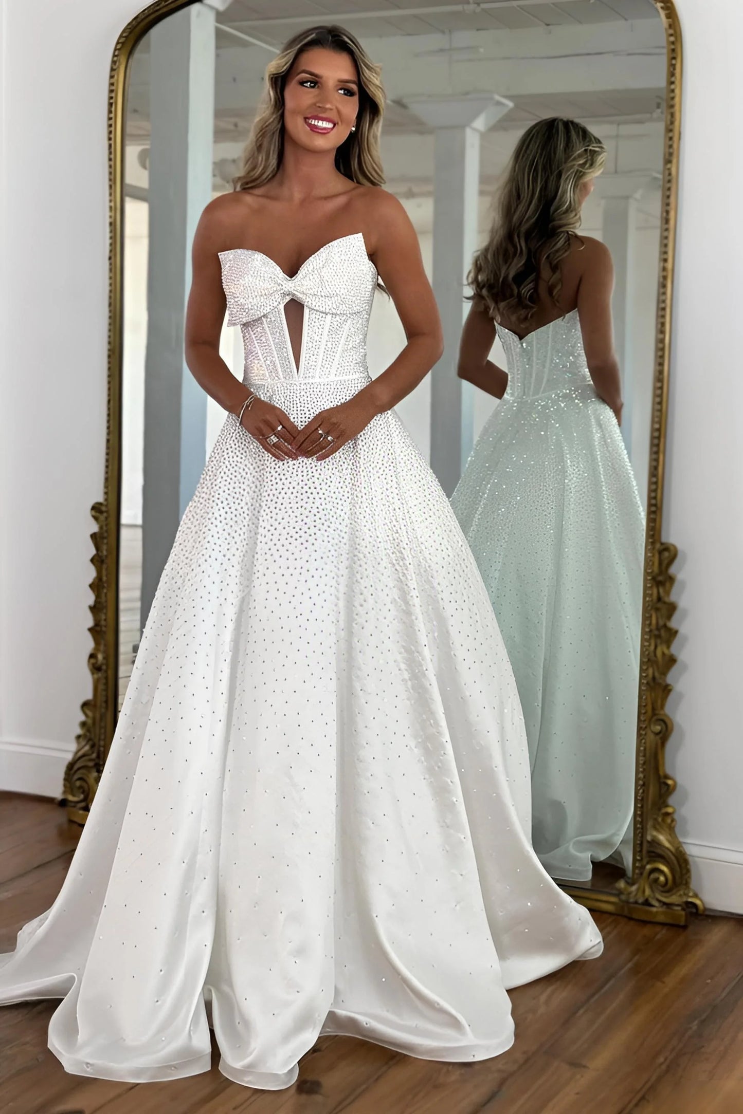Luxury White Beaded Prom Dress With Structured Corset Bodice And Bow Front AD455
