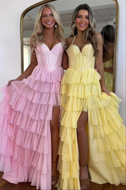 Halter Neck Beaded Top Corset Ruffle Prom Dress With Flowing Skirt And Slit AD458