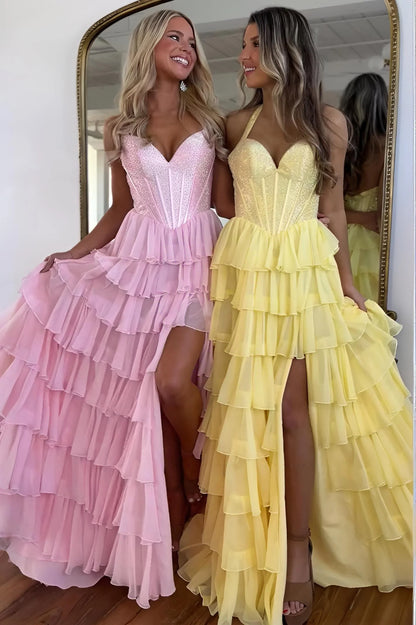 Halter Neck Beaded Top Corset Ruffle Prom Dress With Flowing Skirt And Slit AD458