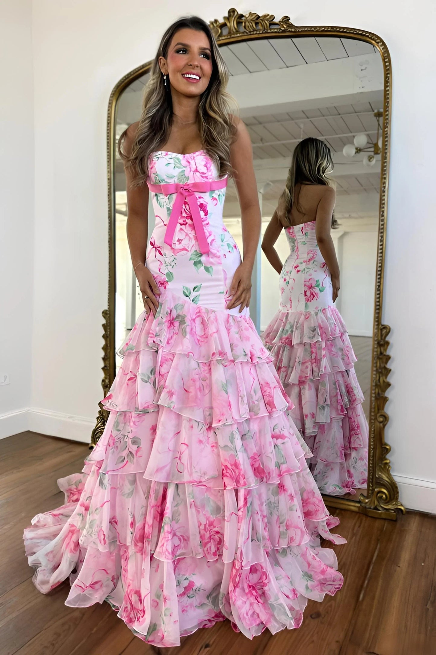 Pink Floral Strapless Mermaid Prom Dress With Bow Waist And Layered Ruffle Skirt AD459