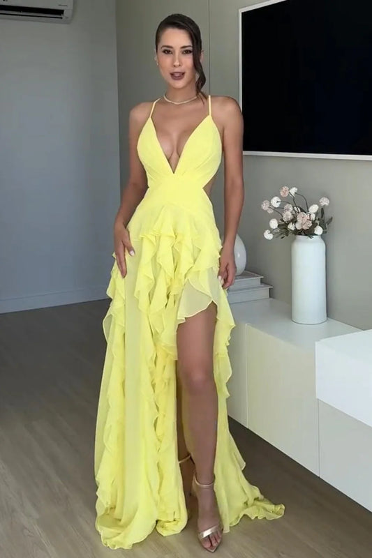 Bright Yellow Spaghetti Straps Prom Gown With Ruffled Skirt And High Slit AD461