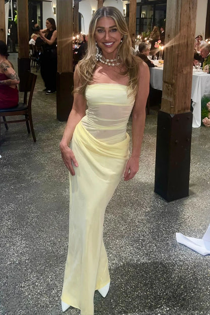 Elegant Halter Yellow Prom Dress With Sheer Mesh And Ruched Waist AD462