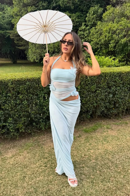 Romantic Light Blue Halter Prom Dress With Sheer Mesh Waist And 3D Flowers AD465