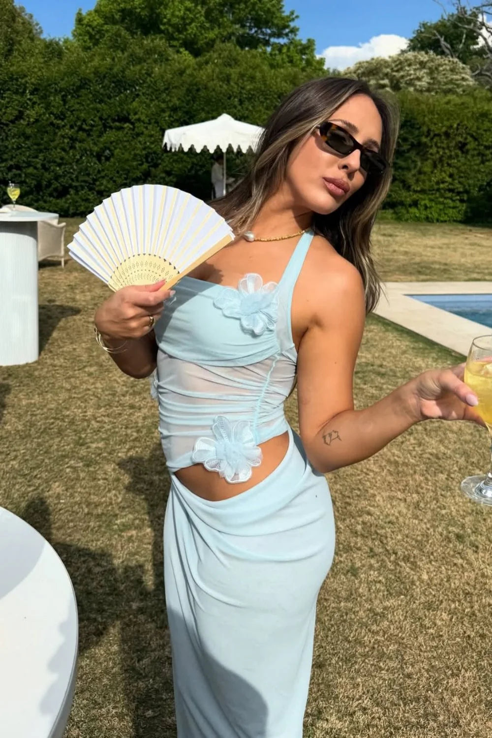 Romantic Light Blue Halter Prom Dress With Sheer Mesh Waist And 3D Flowers AD465