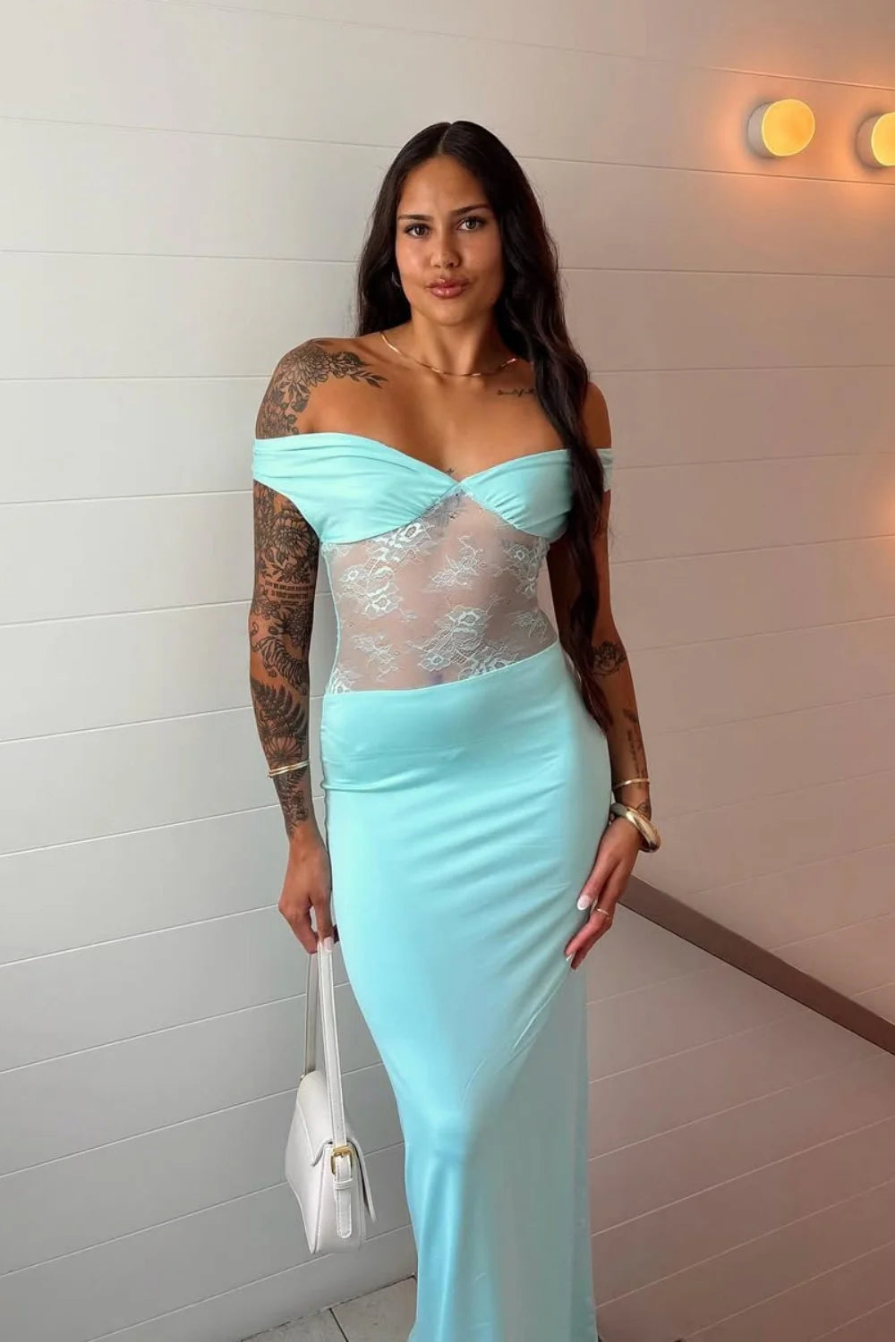 Mint Green Off The Shoulder Sheer Lace Waist Formal Evening Gown AD467