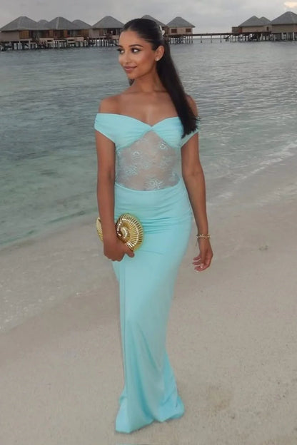 Mint Green Off The Shoulder Sheer Lace Waist Formal Evening Gown AD467