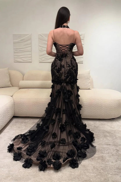 Elegant Black Illusion Floral Halter Mermaid Prom Dress With 3D Appliques AD468