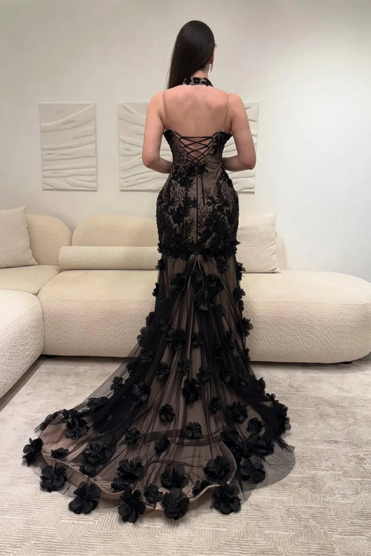Elegant Black Illusion Floral Halter Mermaid Prom Dress With 3D Appliques AD468