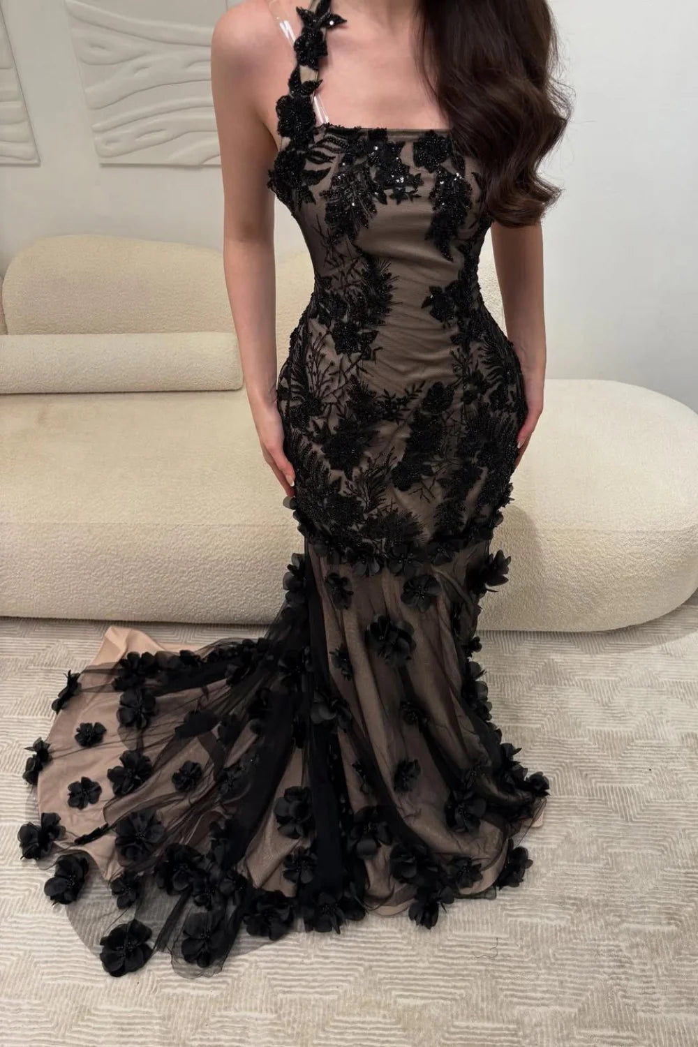 Elegant Black Illusion Floral Halter Mermaid Prom Dress With 3D Appliques AD468