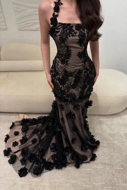 Elegant Black Illusion Floral Halter Mermaid Prom Dress With 3D Appliques AD468