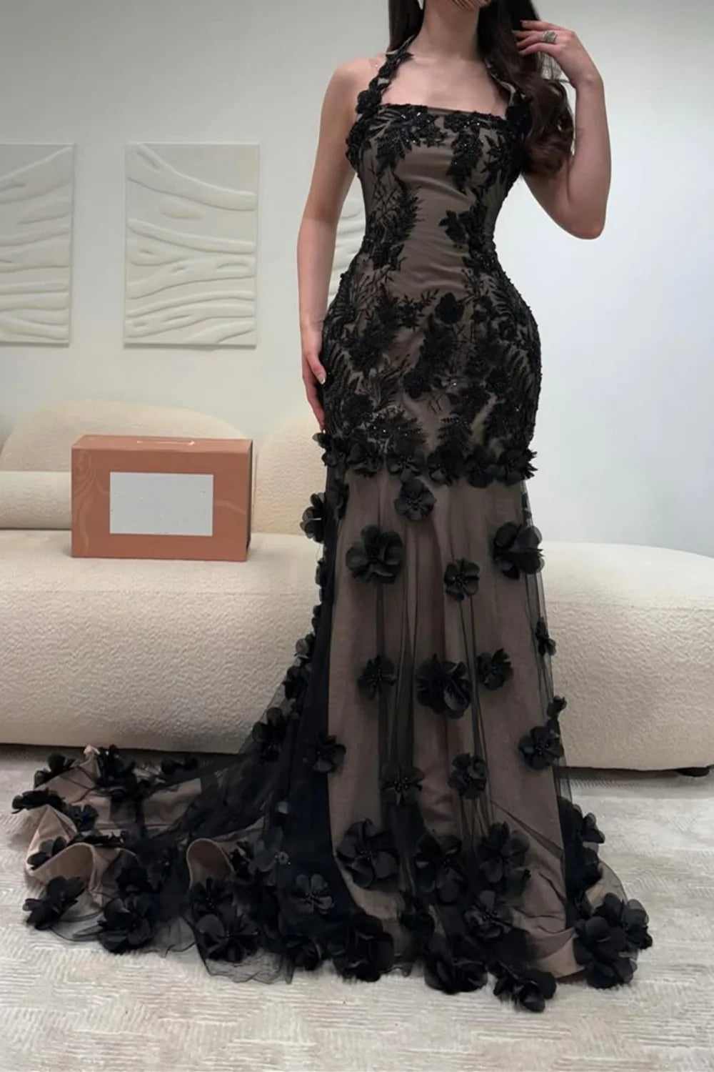 Elegant Black Illusion Floral Halter Mermaid Prom Dress With 3D Appliques AD468