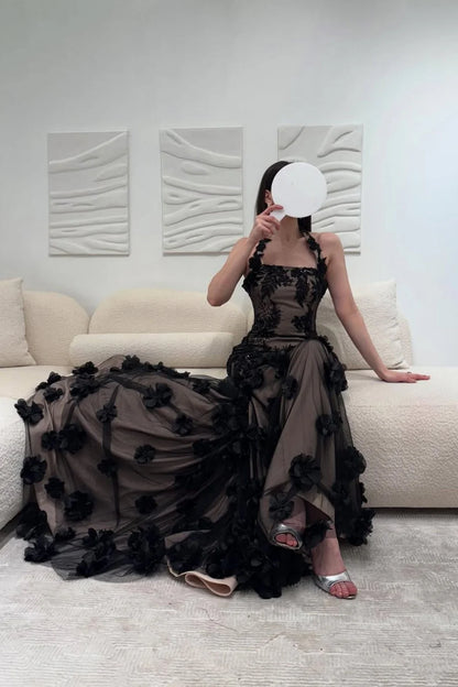 Elegant Black Illusion Floral Halter Mermaid Prom Dress With 3D Appliques AD468