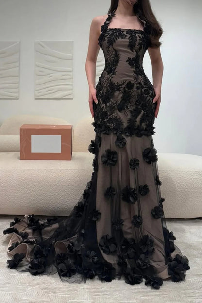 Elegant Black Illusion Floral Halter Mermaid Prom Dress With 3D Appliques AD468