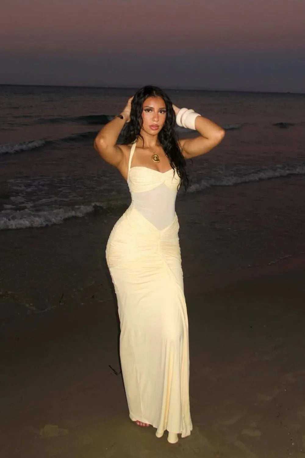 Sexy Yellow Halter Long Mermaid Prom Dress With Ruched Waist Detail AD470