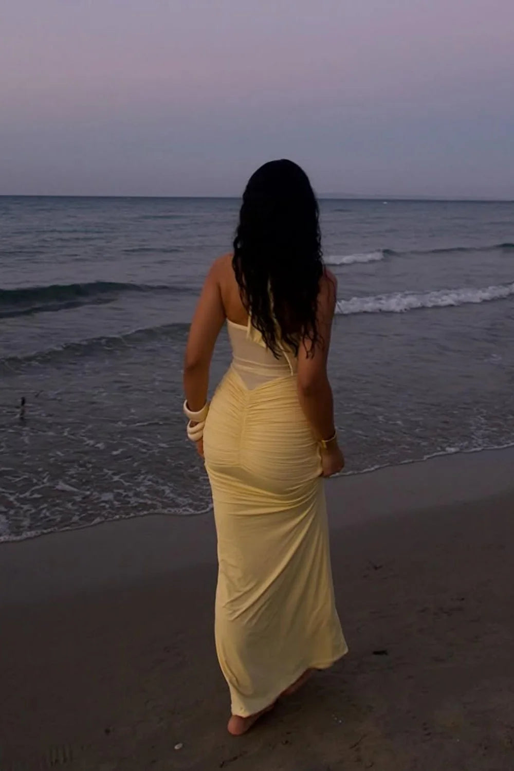 Sexy Yellow Halter Long Mermaid Prom Dress With Ruched Waist Detail AD470