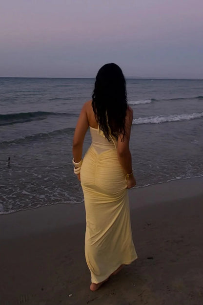 Sexy Yellow Halter Long Mermaid Prom Dress With Ruched Waist Detail AD470