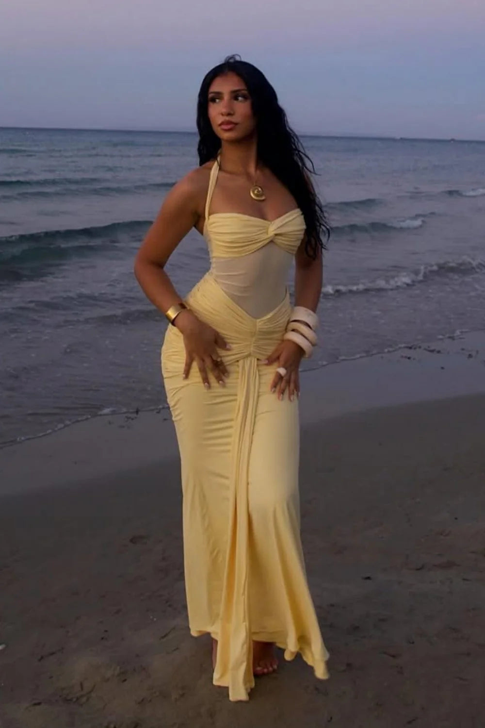 Sexy Yellow Halter Long Mermaid Prom Dress With Ruched Waist Detail AD470