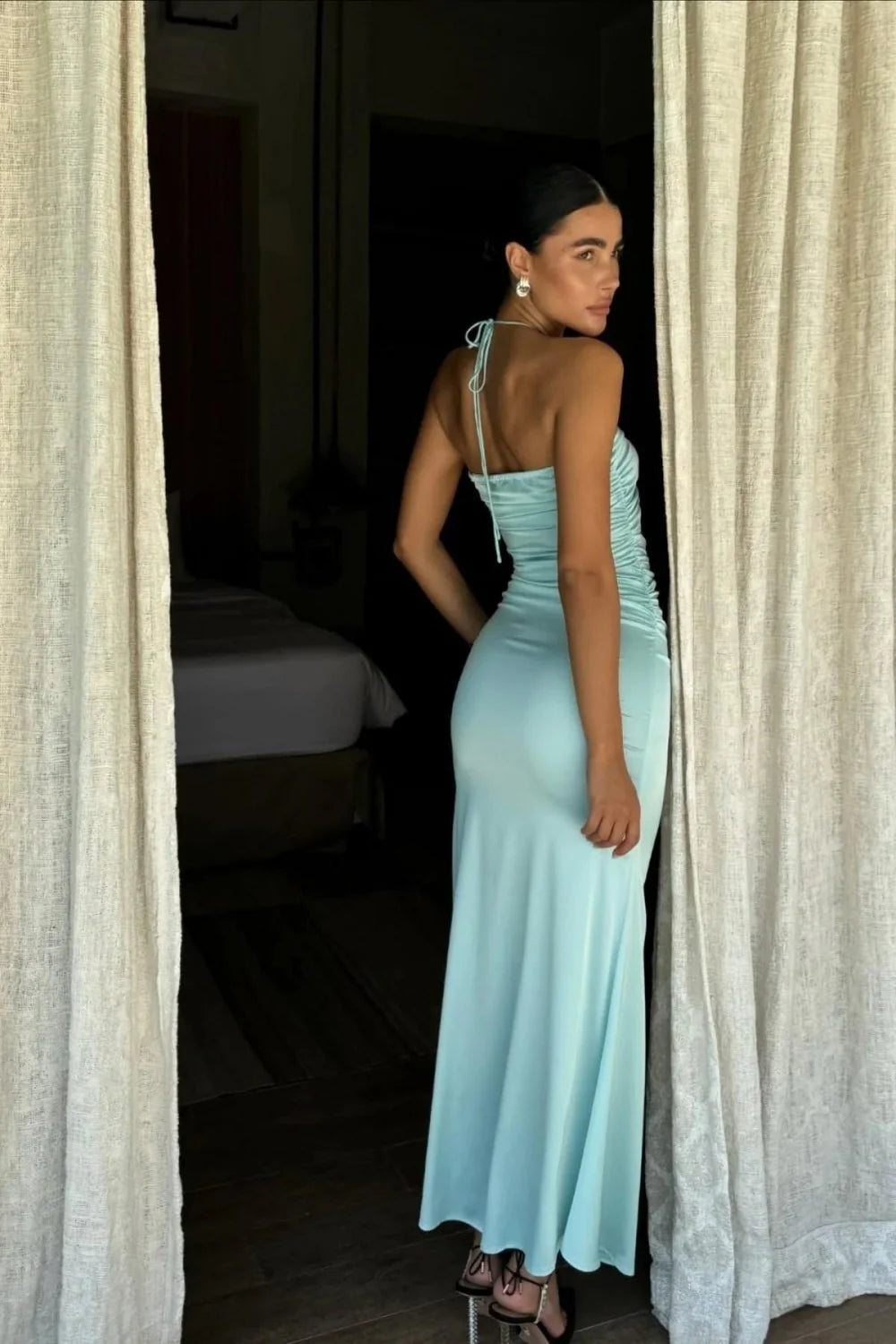 Aqua Blue Bodycon Prom Dress Strapless Design With Waist Cutout AD472