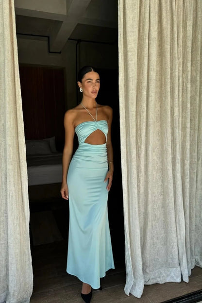 Aqua Blue Bodycon Prom Dress Strapless Design With Waist Cutout AD472