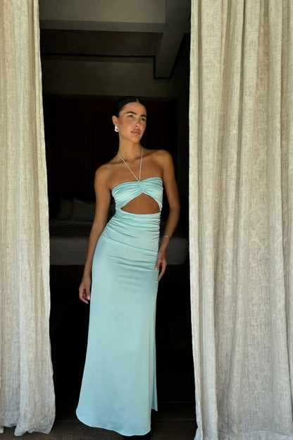 Aqua Blue Bodycon Prom Dress Strapless Design With Waist Cutout AD472