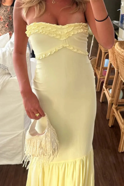 Elegant Light Yellow Chiffon Strapless Evening Gown With Ruched Bodice AD475