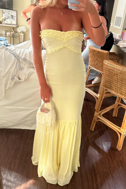 Elegant Light Yellow Chiffon Strapless Evening Gown With Ruched Bodice AD475
