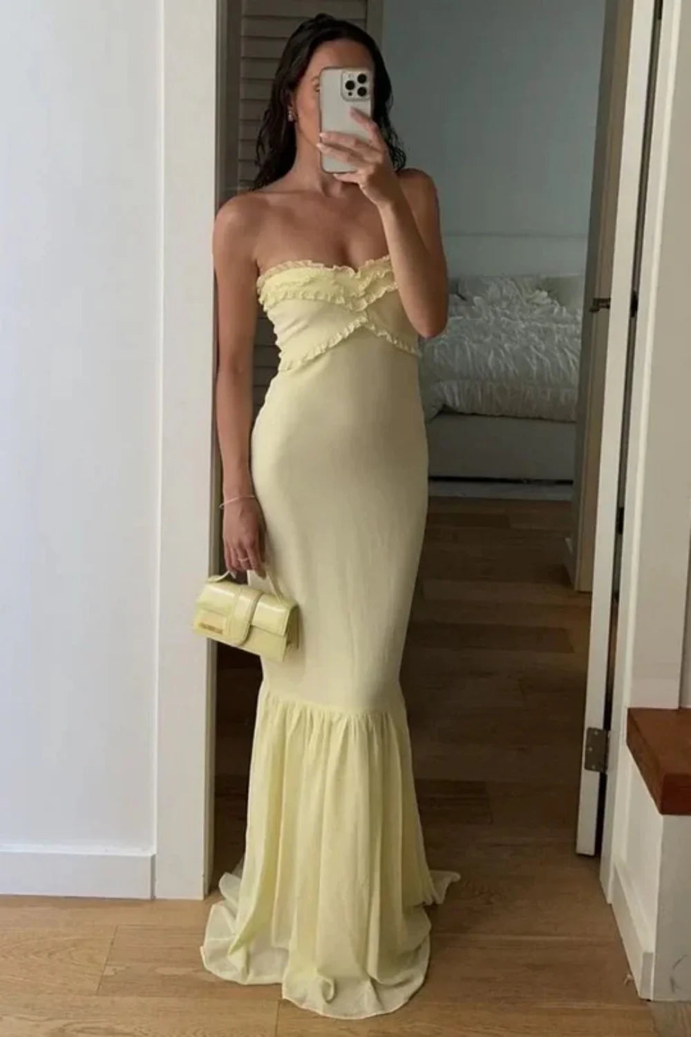 Elegant Light Yellow Chiffon Strapless Evening Gown With Ruched Bodice AD475