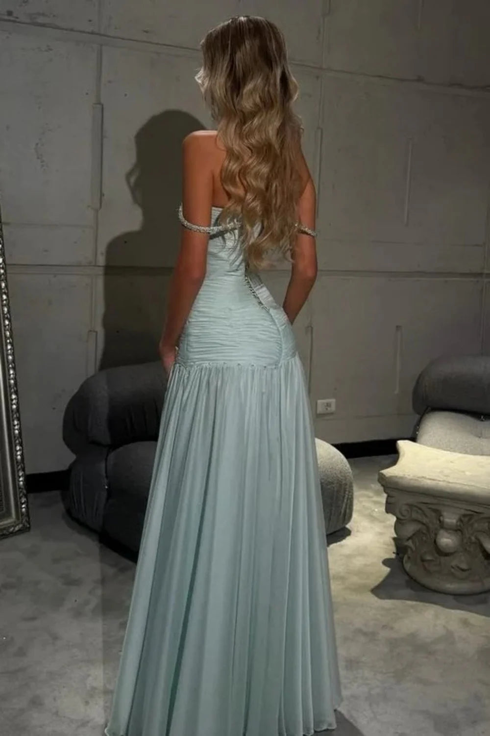 Chic Light Blue Off The Shoulder Evening Dress With Ruched Fit Bodice AD476