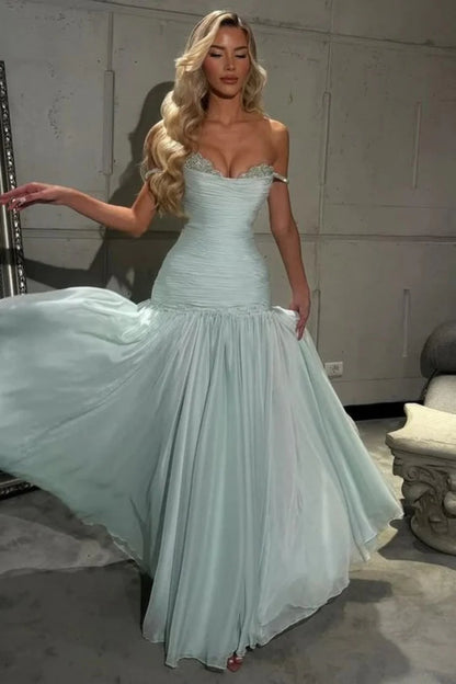 Chic Light Blue Off The Shoulder Evening Dress With Ruched Fit Bodice AD476