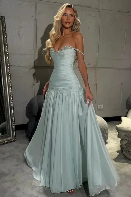 Chic Light Blue Off The Shoulder Evening Dress With Ruched Fit Bodice AD476