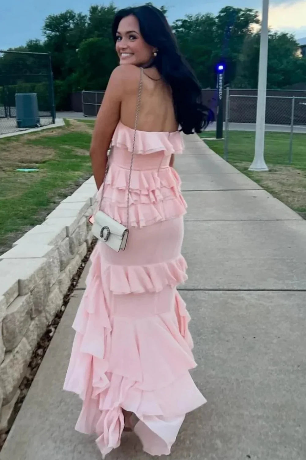 Feminine Blush Pink Strapless Layered Ruffle Prom Dress With Tiered Skirt AD477