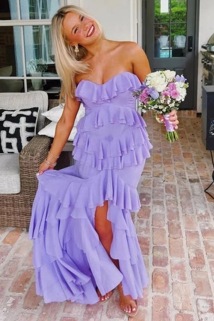 Feminine Blush Pink Strapless Layered Ruffle Prom Dress With Tiered Skirt AD477