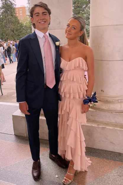 Feminine Blush Pink Strapless Layered Ruffle Prom Dress With Tiered Skirt AD477