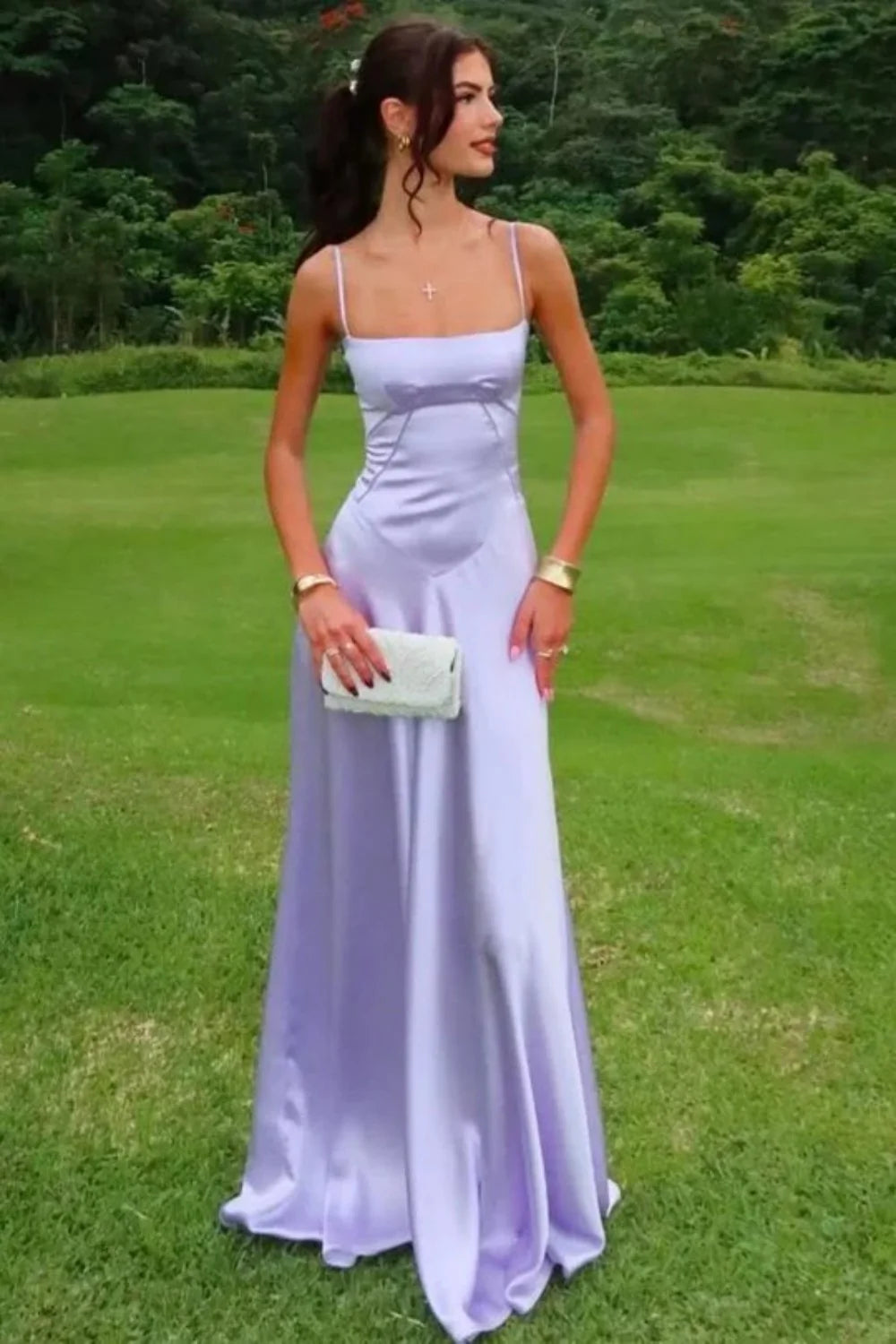 Chic Lavender Spaghetti Straps Lace Up Structured Bodice Evening Dress AD478