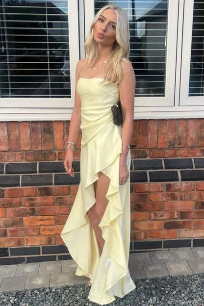Soft Yellow Strapless Long Prom Dress With High Low Ruffle Skirt AD479