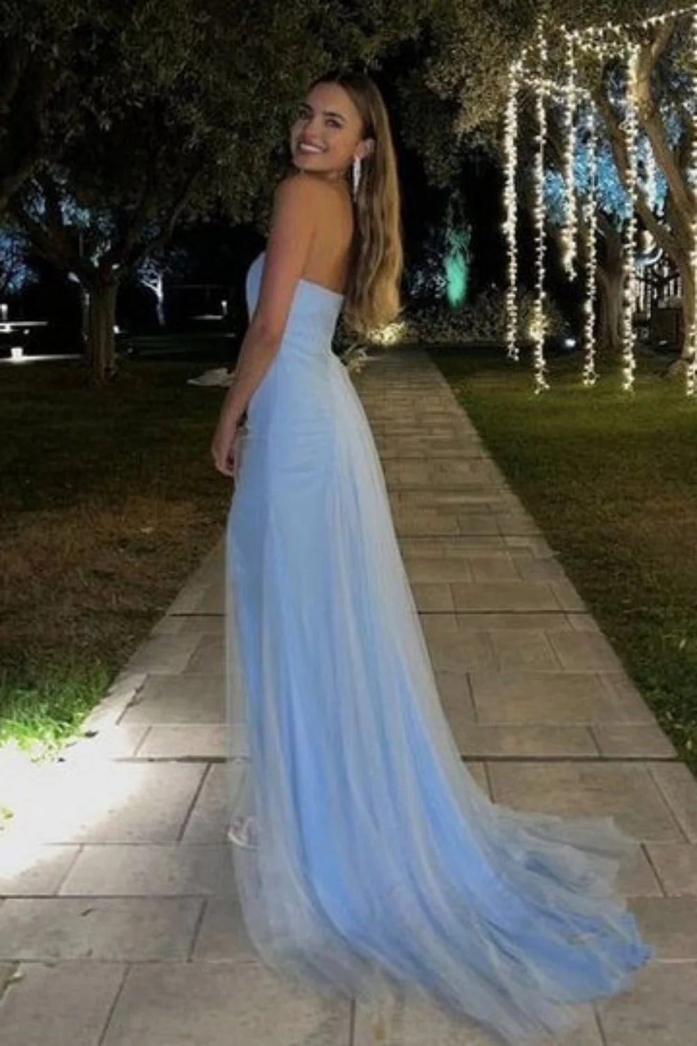Modern Blue Strapless Evening Dress With High Slit And Soft Tulle Skirt AD480