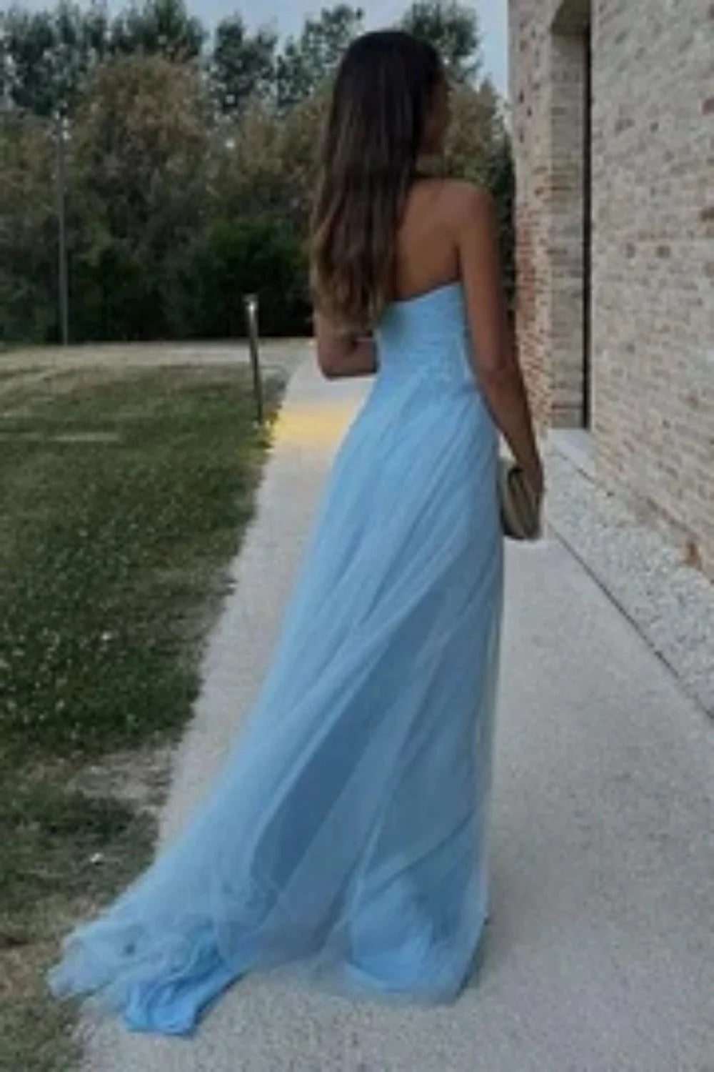 Modern Blue Strapless Evening Dress With High Slit And Soft Tulle Skirt AD480