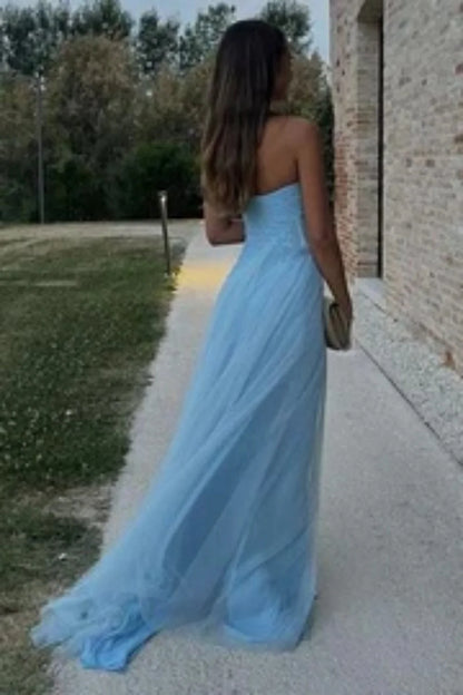 Modern Blue Strapless Evening Dress With High Slit And Soft Tulle Skirt AD480