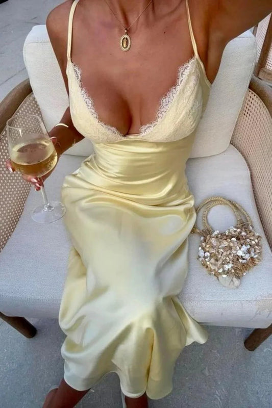 Minimalist Yellow Spaghetti Straps Satin Prom Dress With Lace Bust Detail AD481