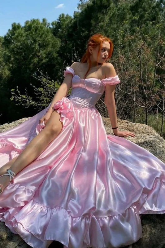 Vintage Style Pink Off The Shoulder Prom Dress With Corset Bodice And Flowing Ruffle Skirt AD482