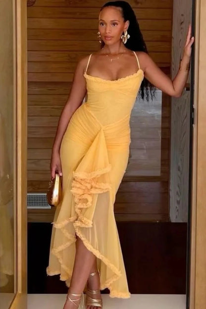 Sexy Yellow Spaghetti Straps Mermaid Prom Gown With Asymmetrical Ruffle AD483