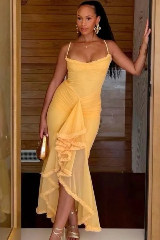 Sexy Yellow Spaghetti Straps Mermaid Prom Gown With Asymmetrical Ruffle AD483