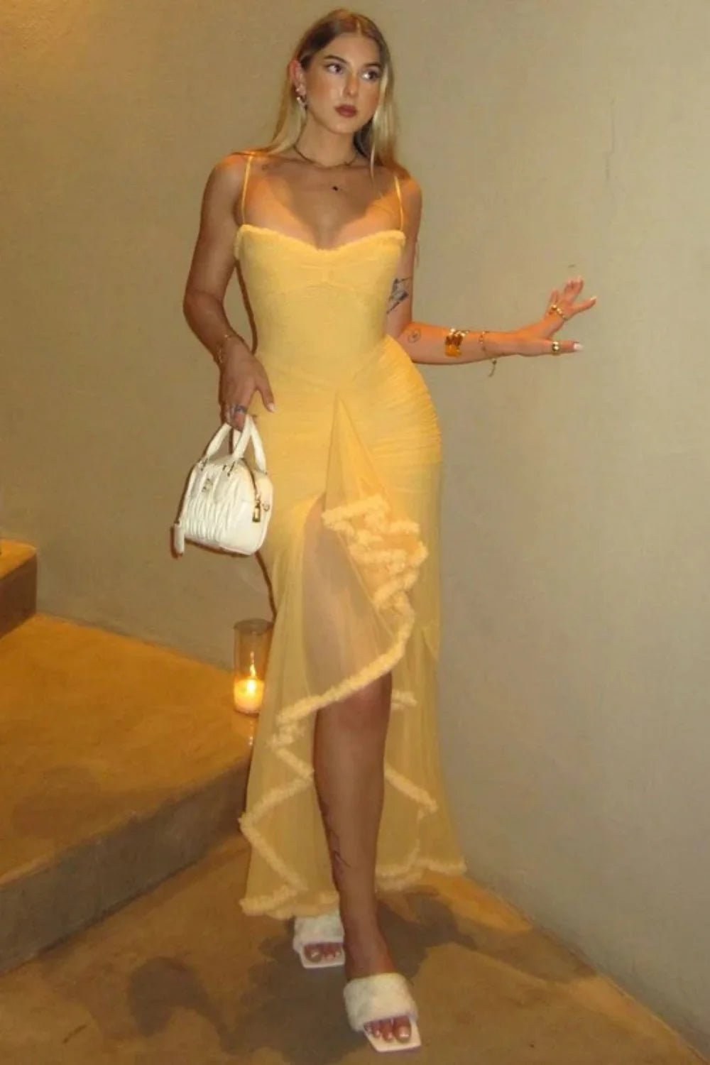 Sexy Yellow Spaghetti Straps Mermaid Prom Gown With Asymmetrical Ruffle AD483
