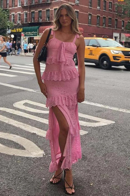 Romantic Pink Lace Prom Dress With Ruffle Tiers And Adjustable Straps AD484