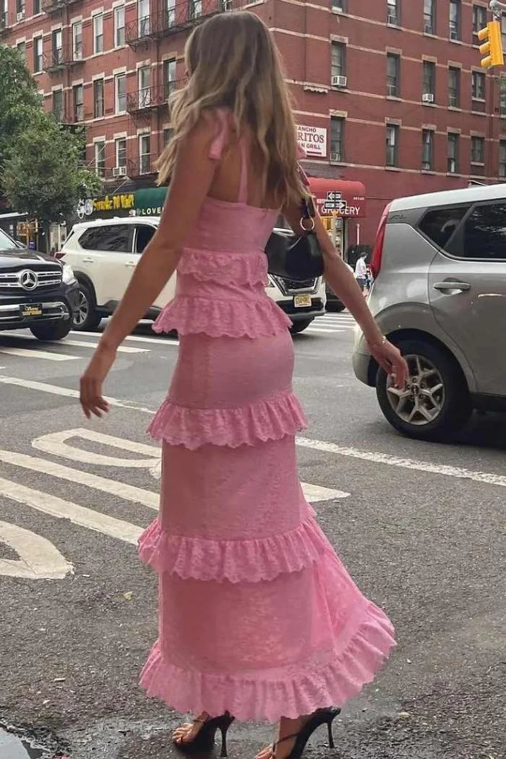 Romantic Pink Lace Prom Dress With Ruffle Tiers And Adjustable Straps AD484