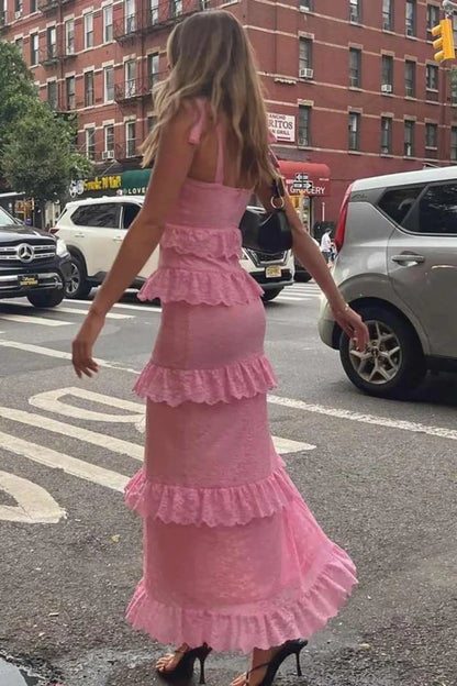 Romantic Pink Lace Prom Dress With Ruffle Tiers And Adjustable Straps AD484