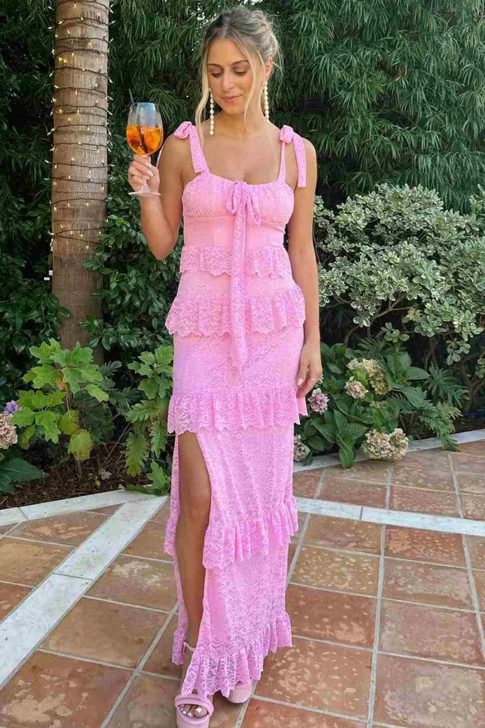 Romantic Pink Lace Prom Dress With Ruffle Tiers And Adjustable Straps AD484