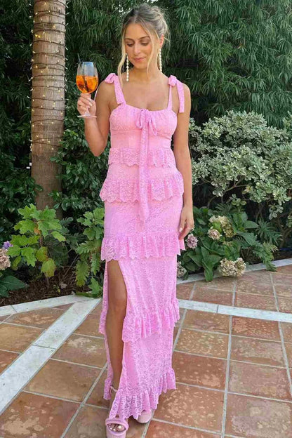 Romantic Pink Lace Prom Dress With Ruffle Tiers And Adjustable Straps AD484
