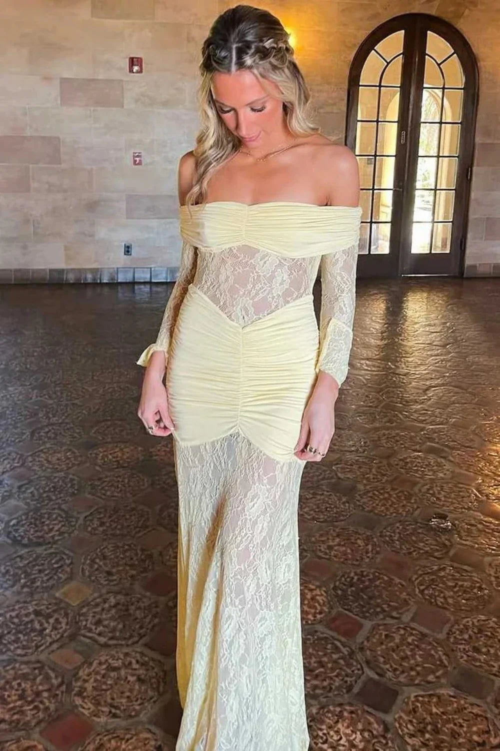 Vintage Inspired Lace Off Shoulder Mermaid Prom Gown With Long Sleeves AD485