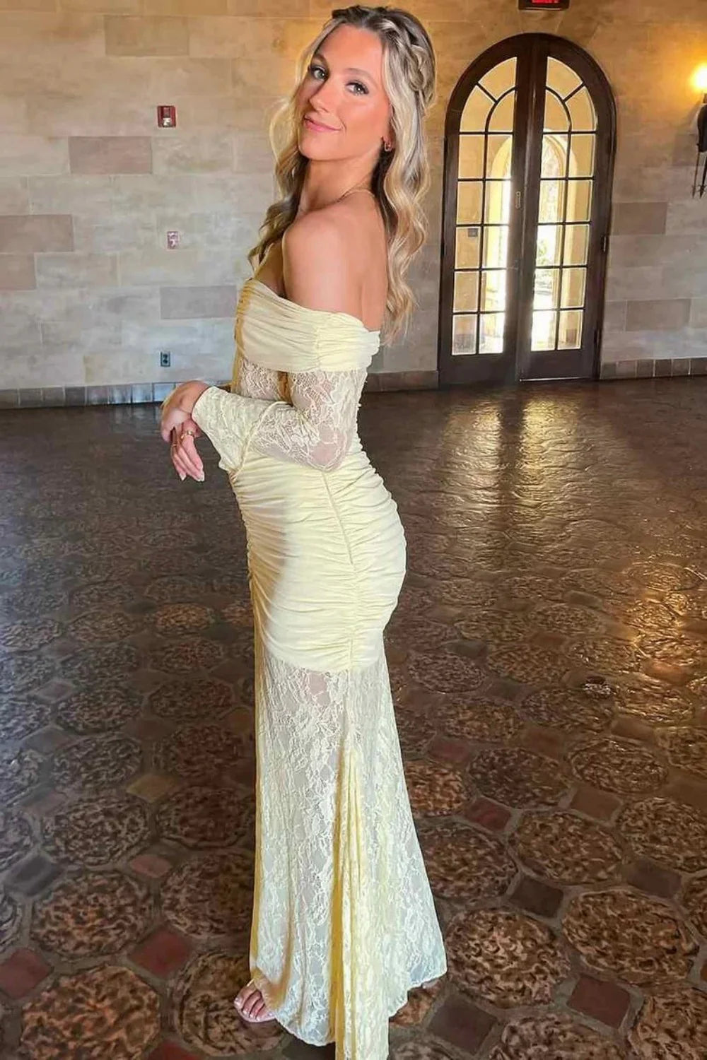 Vintage Inspired Lace Off Shoulder Mermaid Prom Gown With Long Sleeves AD485